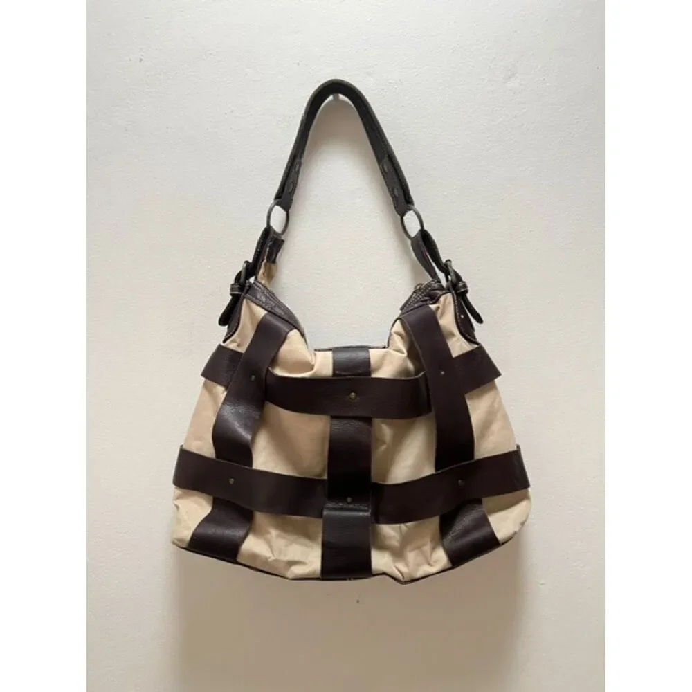 HARA Colombian Genuine Leather Trim Shoulder Bag Beige Brown Equestrian Style